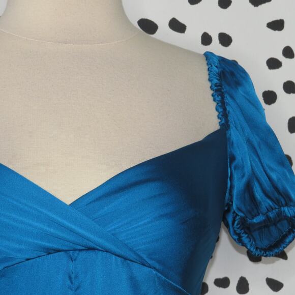 Alexis Blue Cadiz Silk Blend Puff Sleeve Satin Cocktail Midi Dress - Picture 6 of 12